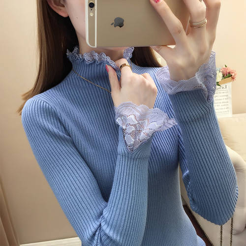 가을 겨울 레이스 조합 퓨어 컬러베이스 셔츠  신상 한국 스타일 슬림핏 슬림핏 상큼한 니트 여성 스웨터