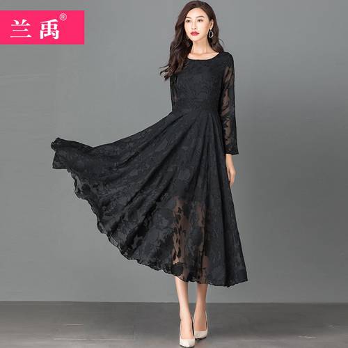 블랙 레이스 롱 소매 드레스 여성 가을철  신상 신형 신모델 분위기 슬림핏 키 커보이는 롱타입 발목에 롱 스커트