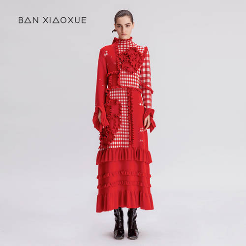 독립형 오리지널 디자이너 브랜드 Ban Xiaoxue 신상 신형 신모델 나팔 소매 플라운스 플라워 체크무늬 원피스 여성용