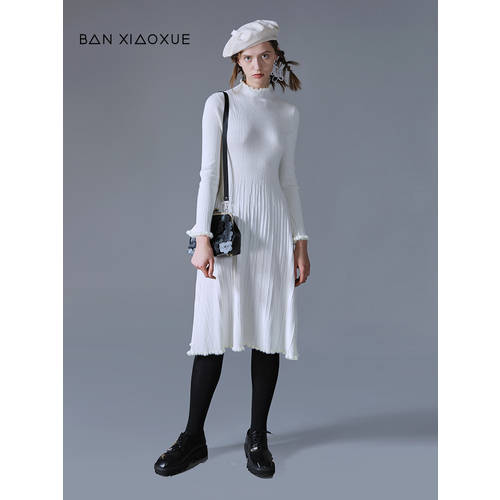 오리지널 디자이너 브랜드 Ban Xiaoxue 올매치 코디하기 쉬운 실제 착용 부드러운 편안한 단색 모직 롱 소매 드레스