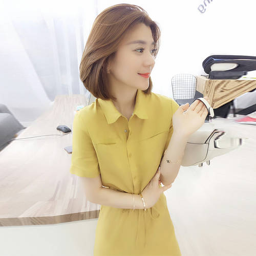 OUZHOUZHAN  여름 신상 여성 의류 유럽 상품 한국판 홍콩 스타일 옐로우 가스 양질의 레저 시폰 중간 길이 드레스