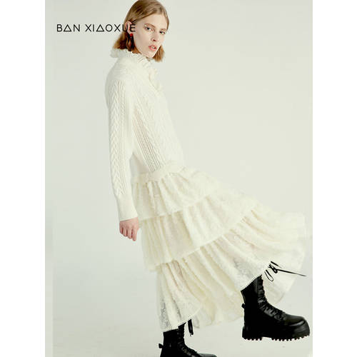 오리지널 디자이너 브랜드 Ban Xiaoxue 겨울철 패션 트렌드 불규칙 플라운스 모직 조합 레이스 칼라 드레스