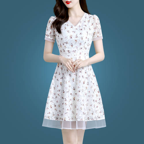 써머 여름용 여성 쇼트 소매 시폰 원피스  년 신상 한국 스타일 여성복 슬림핏 배 가리는 가늘고 부서진 모습 플라워 스커트 아이