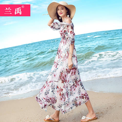롱타입 시폰 대형 드레스 입어 꽃무늬 스트랩 롱 스커트 몰디브 해변 휴가 비치 치마 여신 분위기