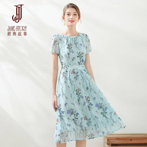 클래식 이야기  써머 여름용 신상 신형 신모델 붐비는 아름다운 꽃무늬 롱스커트 슬림핏 짧은 소매 길이 인쇄 플라워 드레스
