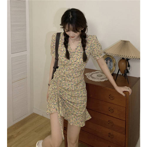 한국어 부서진 플라워 드레스 여성용  여름 꼬마 작은 키 봄철 신상 신형 신모델 프렌치 V 보다 작은 여성용 얇은 제품 상품 드로즈스트링 치마