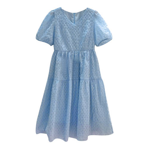【 TMALL 】V 칼라 버블 소매 프렌치 티타임 블루 컬러 드레스 아이  신상 여성 여름 허리밴딩 슬림 분위기 하이엔드
