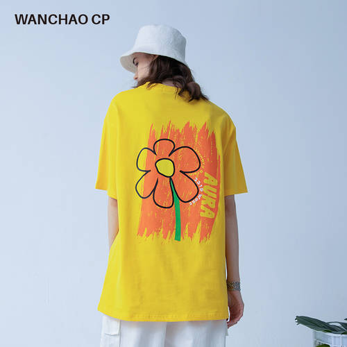 WANCHAO CP 커플용 여름옷 플라워 화훼 프린팅 티셔츠 T셔츠 여성 트랜디 브랜드 반팔 루즈핏 반소매 티셔츠 ins 유행