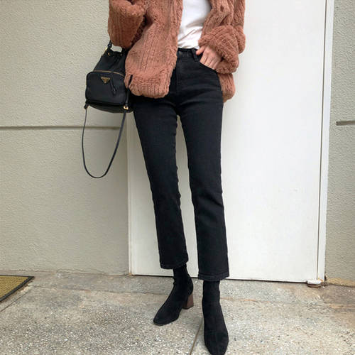 블랙 직진 카우보이 바지 여성 가을 겨울  신상 신형 신모델 8부 하이웨이스트 루즈핏 슬림핏 벨벳 9부 담배 바지 아이