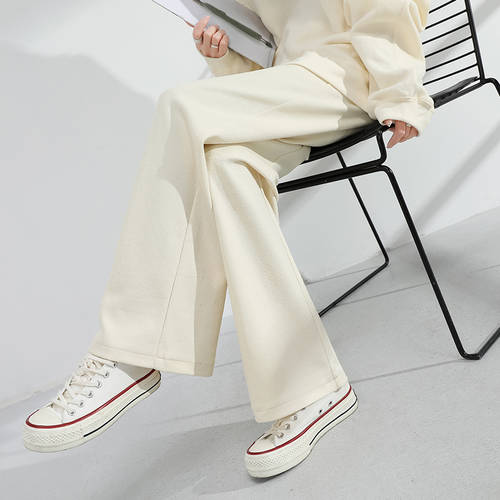 베이지 와이드 팬츠 여성 교수형 감각 하이웨이스트 캐주얼 봄 가을  NEW 편물 루즈핏 스트레이트 핏 바닥청소 바지 패션 트렌드