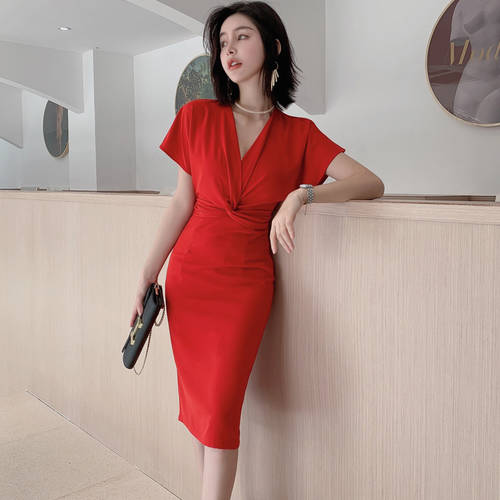  신상 신형 신모델 슬림핏 분위기 슬림 랩 스커트 V 칼라 섹시한 미디 플레어 동대문 디자인 성숙한 빨간색 설치 컬러 드레스
