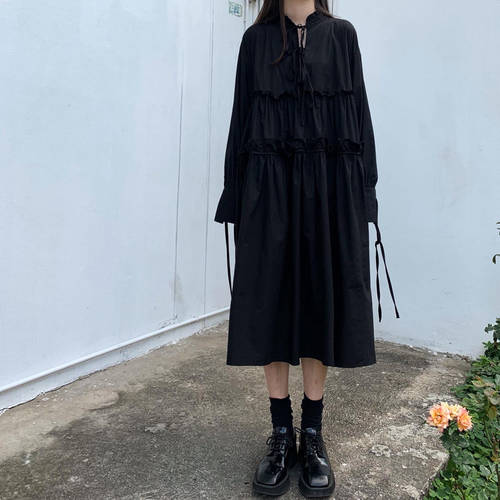 디아블로 시리즈 햅번 SHANBEN 바람 검정 미니 드레스 유니크 스타일리쉬한 디자인 블랙 보여 주다 가늘고 길다 치마 레트로 롱 소매 드레스 아이