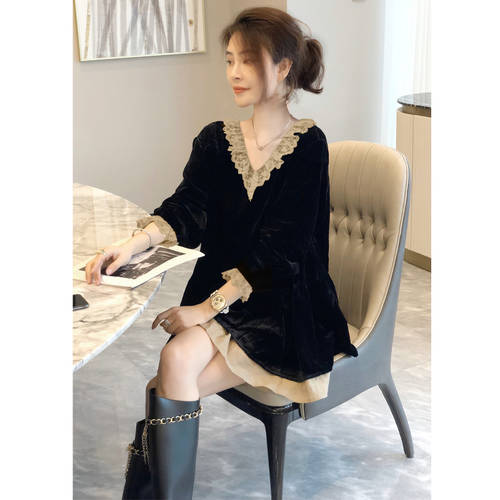 블랙 레이스 V 칼라 드레스 여성 장로 소매 짧은 품질 벨벳 치마 가을  년 신상 OUZHOUZHAN