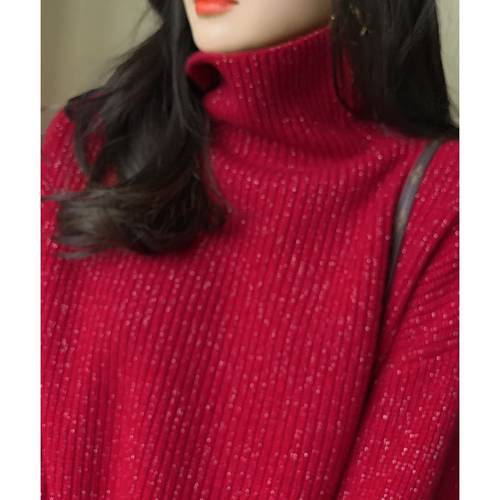 실크 니트 가을과 겨울 플러스 진한 빨강 컬러 플래시 가벼운 필라멘트 크리스마스 맨투맨 폴라넥 터틀넥 목폴라 스웨터 여성 루즈핏 캐주얼 위에 걸쳐 입는