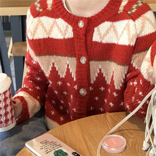 크리스마스 스웨터 여성 설치  년 신상 핫템 레트로 레드 루즈핏 위에 걸쳐 입는 니트 오픈 샨 신 년 옷