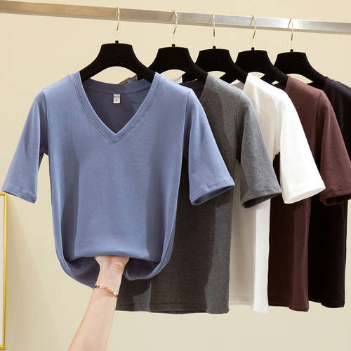 V 칼라 소매 티셔츠 T셔츠  가을 겨울 신상 한국 스타일 슬림핏 이너 5부 소매 여성용 상의 티셔츠 패션 트렌드 이너