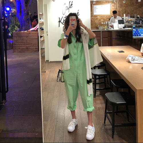 툴링 회사 몸 바지 여성 반팔 한국  신상 신형 신모델 루즈핏 bf 형광 녹색 컬러 헐렁한 바지 점프 수트 배기바지 와이드 팬츠