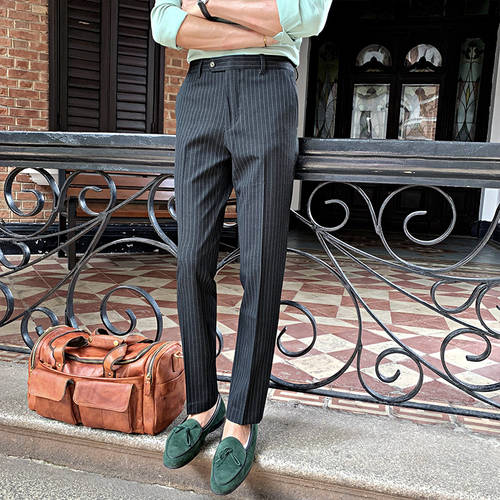 써머 여름용 남성 SHI 정장 팬츠 비즈니스 슬림핏 얇은 다리 캐주얼 정장 줄무늬 스트라이프 양복들 바지 남성 패션 트랜드 캐주얼 팬츠 바지 얇은 남성