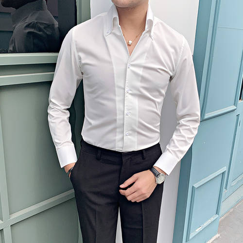 단색 셔츠 남성 한국 스타일 슬림핏 캐주얼 비즈니스 긴 소매 긴팔 셔츠 워시앤드웨어 유행 영국 멋진 스타일리쉬한 베이스 셔츠 패션 트랜드