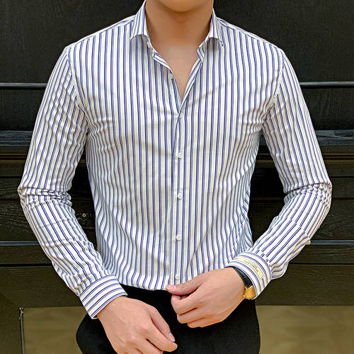인란 남성의류 가을 신제품 신상 셔츠 남성 리더 소매 한국 스타일 유행 트렌드 슬림핏 캐주얼 영국 비즈니스 줄무늬 스트라이프 셔츠