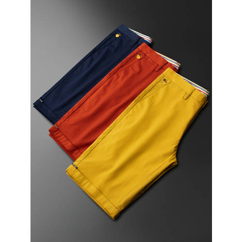 옐로우 반바지 남성 슬림핏  써머 여름용 얇은 심플 비즈니스 통풍 색깔 컬러 레저 5부 바지 반바지 트렌디한 유행 브랜드