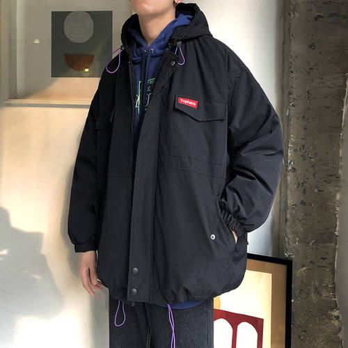 홍콩 스타일 겨울철 작업용 면옷 남성 유행 트렌드 브랜드 루즈핏 멋진 스타일리쉬한 후드 식빵 코튼 의류 기모 두꺼운 면 재킷