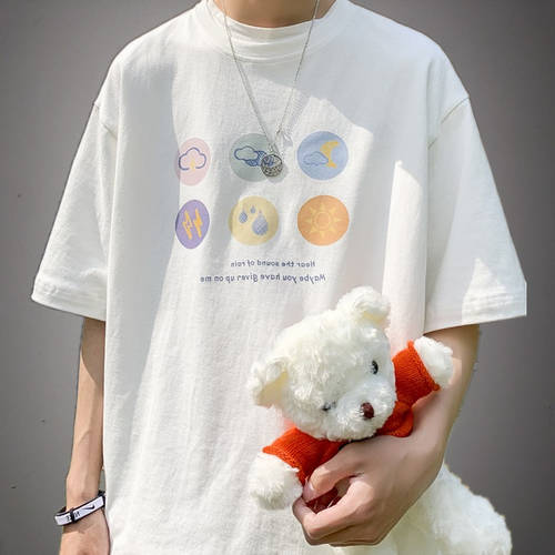 반팔 t 셔츠 남성 여름 트렌디 유행 브랜드 캐주얼 와이드 마쓰바 가져 가다 상의 홍콩 스타일 유행 상큼한 ins 반소매 티셔츠