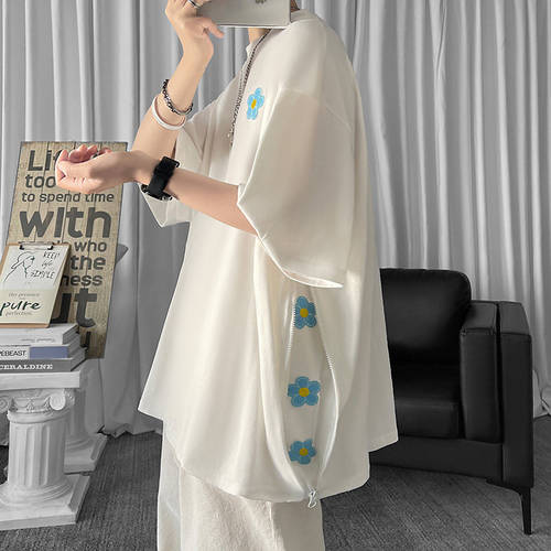 vintage 미식 스트리트 t 짧은 셔츠 소매 oversize 남성의류 유니크 스타일리쉬한 디자인 XIAOZHONG 개성화 사이드 지퍼 7부 소매