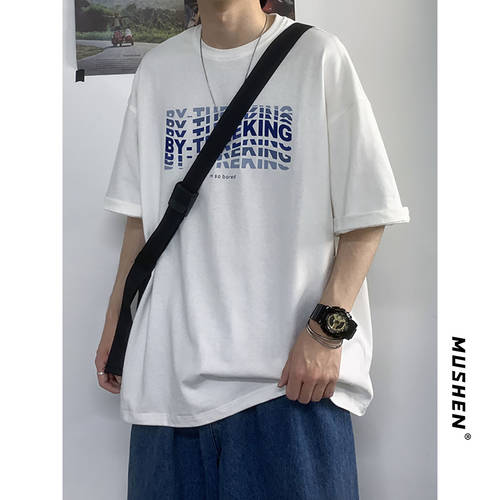  여름 지신 제품 상품 홍콩 스타일 프린팅 반팔 티셔츠 T셔츠 남성 유행 트렌드 코디하기 쉬운 올매치 루즈핏 라운드 넥 반소매 순면 티셔츠