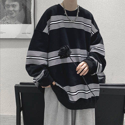 트렌디 유행 브랜드 하이엔드 맨투맨 oversize 한국어 줄무늬 스트라이프 남성 셔츠 루즈핏 가을 vintage 외투 아우터 빈티지