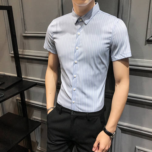  써머 여름용 신상 한국 스타일 트렌드 수리 바디 레저 반소매 줄 패턴 셔츠 반팔 셔츠 남성 얇은 5부 소매