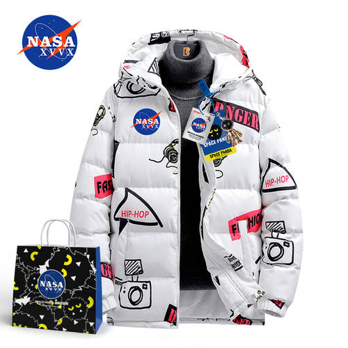 NASA 플래그십스토어 공식웹사이트 콜라보에디션 면옷 멋진 숨 브랜드 상표 그래피티 후드 외투 아우터 너비 느슨한 여가 겨울옷 코튼 의류