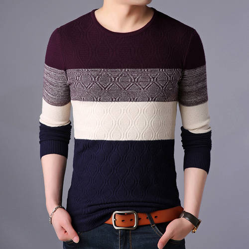 【 TMALL 】 라운드 넥 스웨터 니트 남성용 가을 겨울 개성있는 유행 줄무늬 스트라이프 이너 남성 수리 몸 벨벳 + 두꺼운 니트 셔츠 천